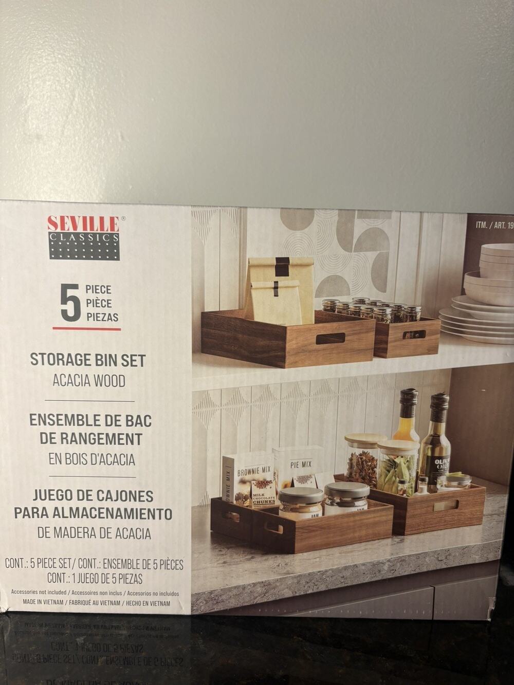 Seville Classics Acacia Wood Storage Bin Set, 5-piece. NEW